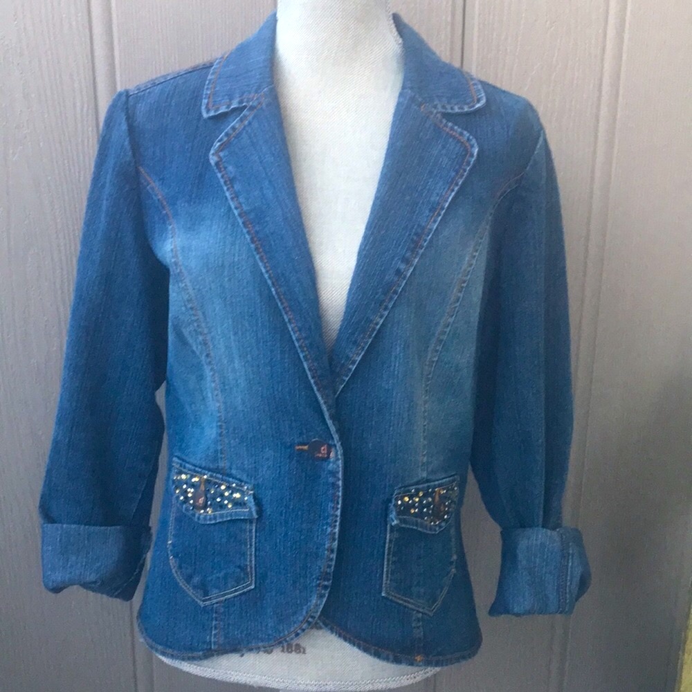 Denim jean vintage RL look Jacket button fitted glam blue boho, brooch jacket!!